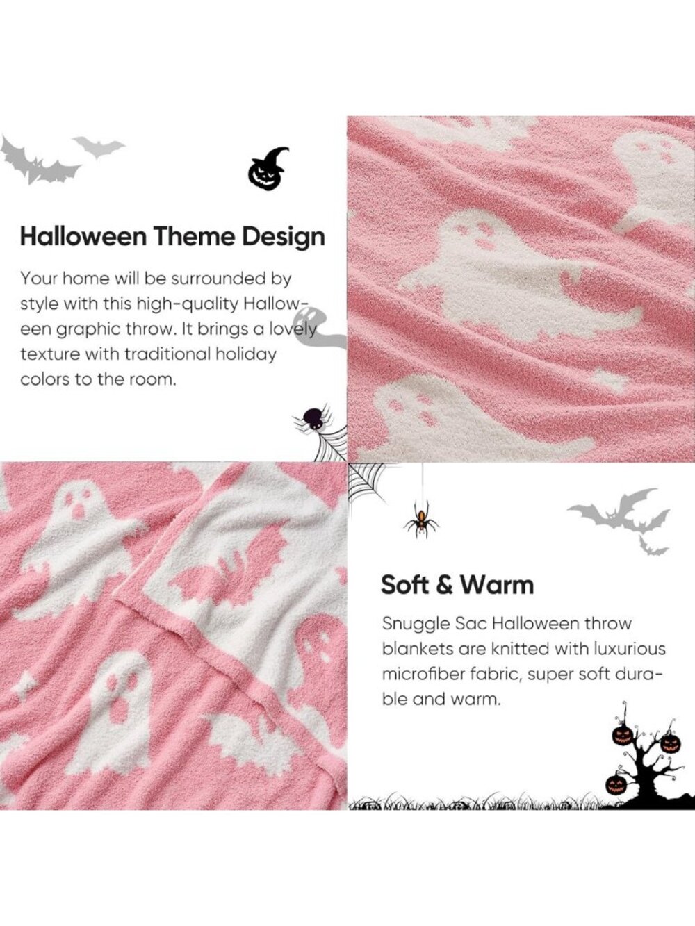Cozy Halloween Throw Blanket - Pink Ghost & Bat Design, Ultra Soft 50x60" Couch - Picture 6 of 7